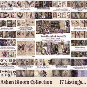 May include: A collection of 17 Etsy listings featuring the "Ashen Bloom" theme. The listings include various paper kits, journal pages, and tag kits with a vintage aesthetic. The color palette is dominated by shades of purple, brown, and cream.