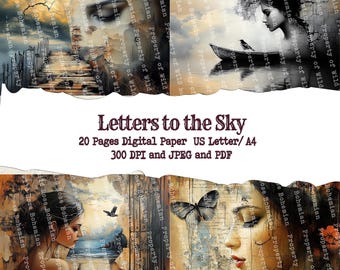 May include: Digital paper set titled "Letters to the Sky" featuring four artistic panels. Each panel showcases a woman's portrait, birds, and a boat, with a vintage aesthetic. The text on the image reads "Letters to the Sky" and details about the paper.
