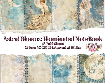 May include: A digital printable notebook with 48 half sheets, 22 pages, 300 DPI, in US Letter and A4 UK size. The notebook features a vintage aesthetic with a moon and stars design. The text "Astral Blooms: Illuminated Notebook" is displayed on the cover.
