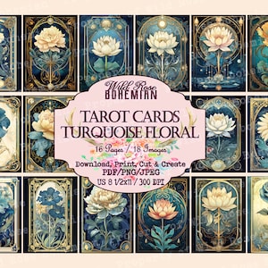 Art Nouveau Floral Tarot Cards, Tarot Cards, Art Nouveau Floral Ephemera, Turquoise Floral Ephemera, Lotus Ephemera, FLoral Junk Journal