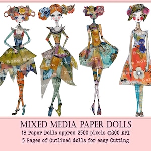 Collaged Art Paper Dolls, Mixed Media Girls Printable, Printable Sublimation Mixed Media, Printable Digital Doll Transparent PNGS image 6