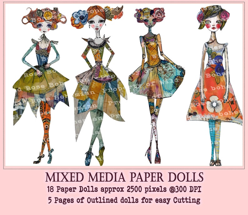 Collaged Art Paper Dolls, Mixed Media Girls Printable, Printable Sublimation Mixed Media, Printable Digital Doll Transparent PNGS image 6