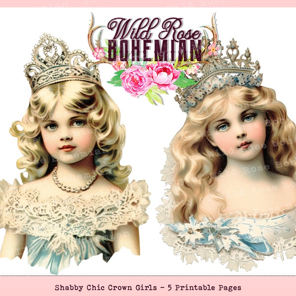 Vintage Beauties with Crowns Clipart, Vintage Girl Photos with Crowns, Shabby CHic Girls Graphics, Collage Sheet, Vintage Princess Clipart