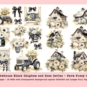 Farm PNGS, Barn PNG, Farm Fussy Cuts, COuntry Life Fussy Cuts, Farm Graphics, Farmhouse png, Black Gingham Rose Junk Journal Kit