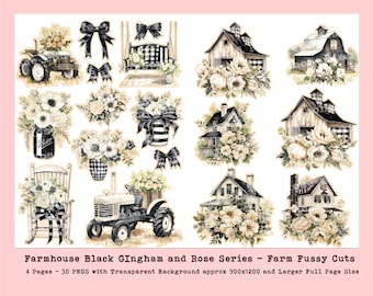 Farm PNGS, Barn PNG, Farm Fussy Cuts, COuntry Life Fussy Cuts, Farm Graphics, Farmhouse png, Black Gingham Rose Junk Journal Kit