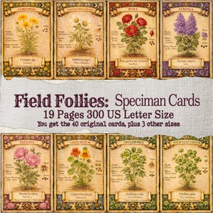 Botanical Specimen Cards Foliage Kit Cottage core Background Pages, Printable Floral Ephemera Scrapbook Paper,