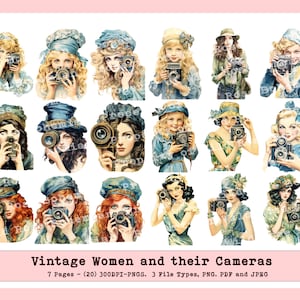 以下が含まれることがあります： カメラを持った女性を描いたヴィンテージイラスト20枚のデジタルコラージュシート。女性たちは帽子、ドレス、ブラウスなど、さまざまなスタイルで着飾っています。画像は薄い青、ピンク、白のカラーパレットで構成されています。