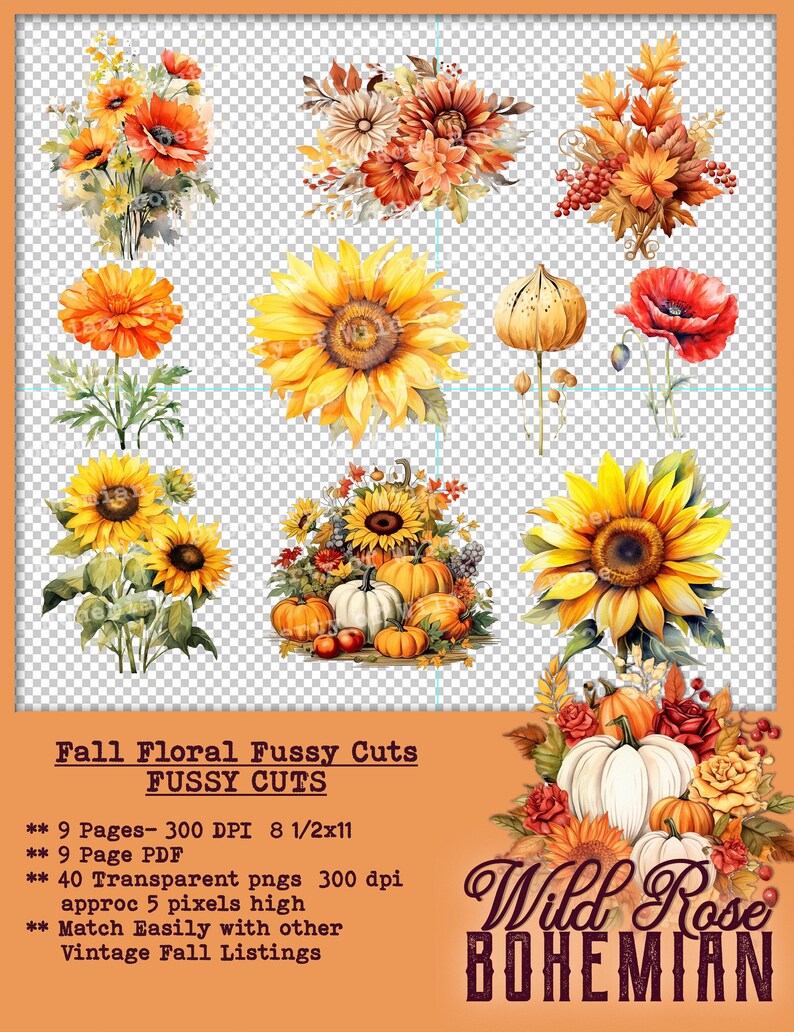 May include: A set of 9 digital paper pages featuring watercolor illustrations of fall floral arrangements, sunflowers, pumpkins, and leaves. The pages are 8.5 inches by 11 inches and 300 DPI. The digital papers are perfect for crafting, scrapbooking, and other creative projects.