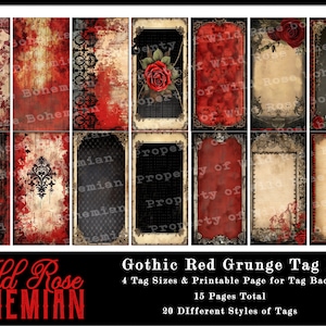 Könnte beinhalten: Ein digitaler druckbarer Satz von 20 verschiedenen Stilen von gotischen roten Grunge-Etiketten in 4 Größen. Das Set enthält eine druckbare Seite für Etikettenrücken. Der Text "Wild Rose Bohemian" befindet sich am unteren Rand des Bildes.