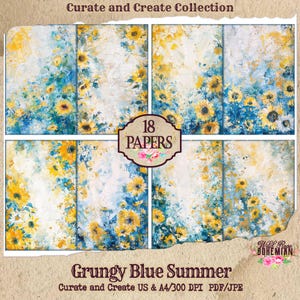 Grungy Blue Summer Junk Journal Paper | Junk Journal | Sunflower Journal Pages | Digital Paper Ephemera | Distressed Collage Bohemian