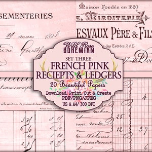 May include: A set of 20 printable French pink receipts and ledgers. The papers are designed with a vintage aesthetic and feature a floral motif. The text on the papers reads "French Pink Receipts & Ledgers" and "20 Beautiful Papers".