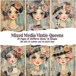 Mixed Media Girls and Printable Quotes Junk Journal Printable, Mixed Media Girls DIgital Collage ATC ACEO PAGE, Favorite Words Printable