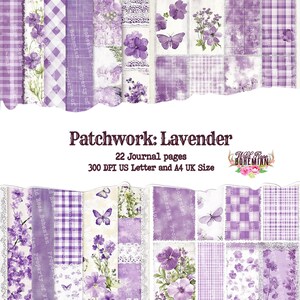 Puede incluir: Un paquete de papel digital con 22 páginas de diseños de patchwork con temática de lavanda. Los diseños presentan una variedad de patrones, incluyendo cuadros, flores y encaje. El paquete de papel es de 300 DPI y está dimensionado para papel A4 y US Letter.