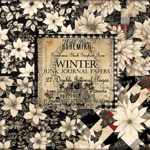 Puede incluir: Una hoja de collage digital con un patrón de cuadros vichy en blanco y negro, flores blancas y el texto "Wild Rose Bohemian Farmhouse Black Gingham Rose Winter Junk Journal Papers 27 Double Journal Pages Download, Print, Cut & Create PDF/PNG/JPEG 27 Pages/300 DPI A4 and US Sizes."