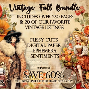 Vintage Fall Junk Journal Mega Bundle, Vintage Fall Digital Instant Download,  Fall Fussy Cuts, Bundle and Save Fall Journal Kits,