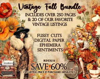Vintage Fall Junk Journal Mega Bundle, Vintage Fall Digital Instant Download,  Fall Fussy Cuts, Bundle and Save Fall Journal Kits,