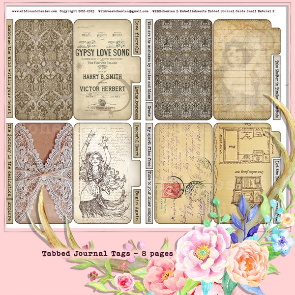Vintage Bohemian, Gypsy, Journal Cards, Tabbed Journal Tags  Collage Sheet, Mixed Media, Printable Downloadable Junk Journal Element