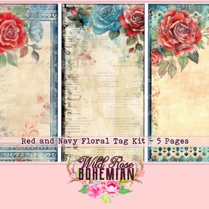 Vintage Floral Hang Tag Kit, Antique Floral Printable Junk Journal Tag Kit, Red, Turquoise and Navy Antique floral Tags, Artist Tags