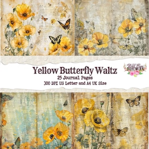 Summer Junk Journal Paper | Junk Journal | Printable Journal Pages | Digital Paper Ephemera | Yellow Poppies and Butterflies Shabby Chic
