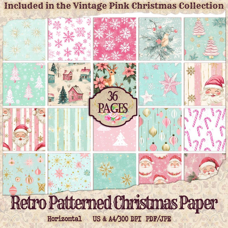 Pastel Pink Christmas Paper: Retro Winter Patterns | Junk Journal ...