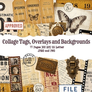 Tag and Photo Overlay and Sentiments, , Antique Photo Collage Kit, Photo Slides, and PHoto Strips, Digital Printable, Vintage Photo Collage