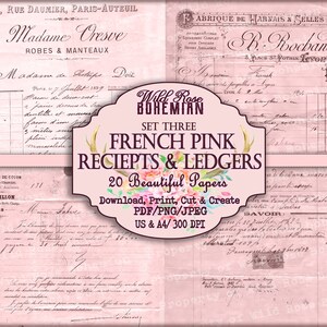 May include: A set of three vintage French pink receipts and ledgers with handwritten text. The papers are aged and have a distressed look. The papers are perfect for scrapbooking, journaling, and other crafting projects.