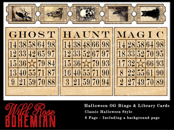 Halloween Ephemera, halloween Bingo Cards, Halloween Junk Journal Kit, Halloween Library Cards,