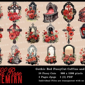 May include: A set of 18 digital images featuring gothic red roses, crosses, and coffins. The images are 900 x 1200 pixels and are perfect for crafting and scrapbooking projects.