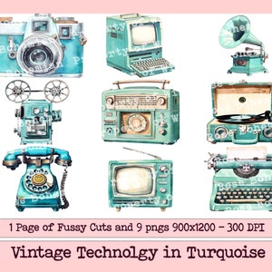 Shabby Chic Television graphics, Vintage Radio clipart, Vintage French Blue Technology PNG, Printable Fussy Cuts, Turquoise Typewriter png