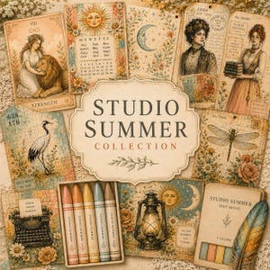 May include: A collection of vintage-style paper ephemera featuring a central label reading STUDIO SUMMER COLLECTION, surrounded by cards with illustrations of a woman with a lion, a calendar, a crescent moon, a woman with books, a crane, and a dragonfly.