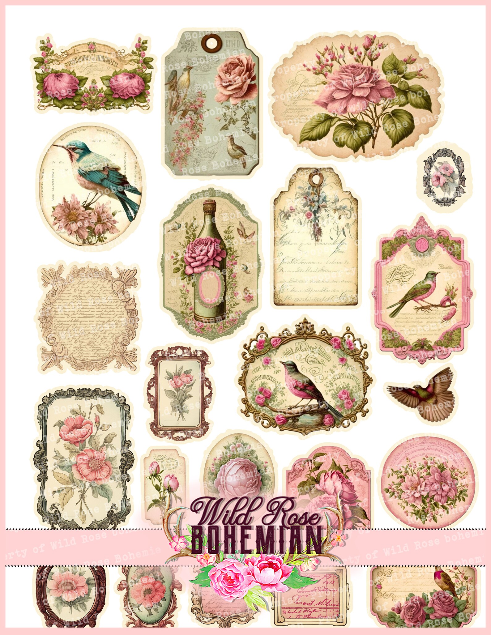 Junk Journal Ephemera Kit Vintage Roses, Printable Shabby Chic Roses ...