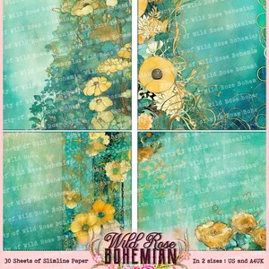 May include: A digital paper pack with 30 sheets of slimline paper featuring a watercolor floral design with yellow and white flowers on a teal background. The text "Wild Rose Bohemian" is in the center of the image. The paper is available in two sizes: US and A4UK.