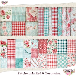 Pode incluir: Pacote de papel digital patchwork com cores vermelho e turquesa. O papel apresenta padr&otilde;es florais, xadrez, bolinhas e desenhos de lib&eacute;lulas. O texto "Patchwork: Red & Turquoise" est&aacute; na parte inferior da imagem.