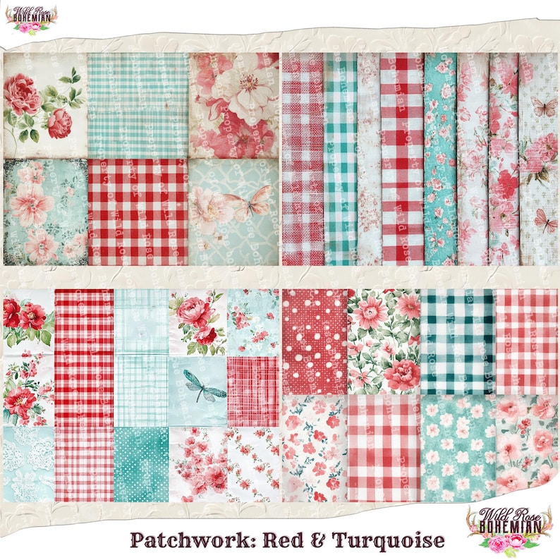 Pode incluir: Pacote de papel digital patchwork com cores vermelho e turquesa. O papel apresenta padr&otilde;es florais, xadrez, bolinhas e desenhos de lib&eacute;lulas. O texto "Patchwork: Red & Turquoise" est&aacute; na parte inferior da imagem.