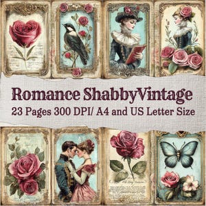 May include: A collection of vintage-style digital art prints with a romantic theme. The images feature roses, birds, and portraits of people in antique frames. The text "Romance ShabbyVintage" is displayed across the top.