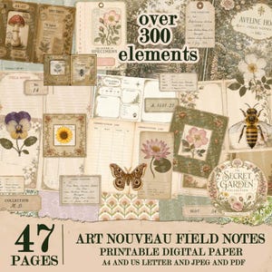 May include: A digital collection of 47 pages of printable paper featuring botanical and insect illustrations, field notes, and vintage-style labels. The set includes over 300 elements with images of mushrooms, bees, butterflies, and flowers in a sepia tone.
