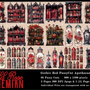 May include: A digital collage sheet with 36 gothic-style images. The images include bookshelves, jars, and urns with red roses, skulls, and other gothic elements. The sheet is titled "Gothic Red FussyCut Apothocary" and includes the text "36 Fussy Cuts, 900 x 1200 pixels, 5 Pages 300 DPI Jpegs & 1 (5) Page pdf, Individual Files are transparent with no border."