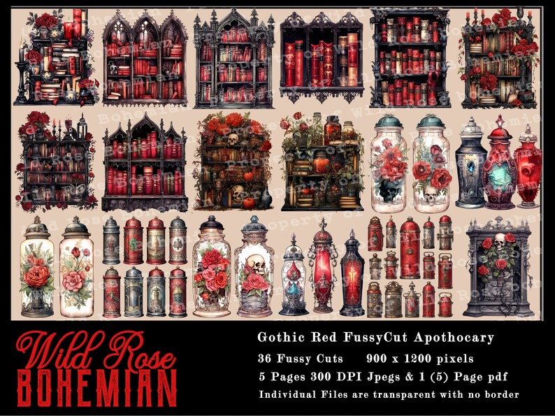 May include: A digital collage sheet with 36 gothic-style images. The images include bookshelves, jars, and urns with red roses, skulls, and other gothic elements. The sheet is titled "Gothic Red FussyCut Apothocary" and includes the text "36 Fussy Cuts, 900 x 1200 pixels, 5 Pages 300 DPI Jpegs & 1 (5) Page pdf, Individual Files are transparent with no border."