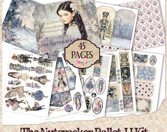 May include: A digital scrapbooking kit featuring a Nutcracker theme. The kit includes 45 pages of images, including a ballerina, a nutcracker, and a winter scene. The kit is available in US Letter size and 300 DPI. The Nutcracker Ballet JJ Kit.