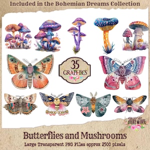 Butterfly and Mushrooms | Junk Journal Kit | Printable Whimsy Bohemian Collage Images | Bohemian Dreams Ephemera | Fussy Cuts with Outlines