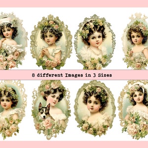 Shabby Chic Girls Cameos, Victorian Vintage Women Portraits, Victorian Style with Beautiful Frames,  Beautiful Women 1800's,  Sage Green