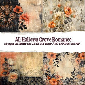 May include: A collage of four digital art prints featuring floral arrangements in shades of orange, cream, and black. The prints have a vintage aesthetic with script and damask patterns. Text reads "All Hallows Grove Romance".