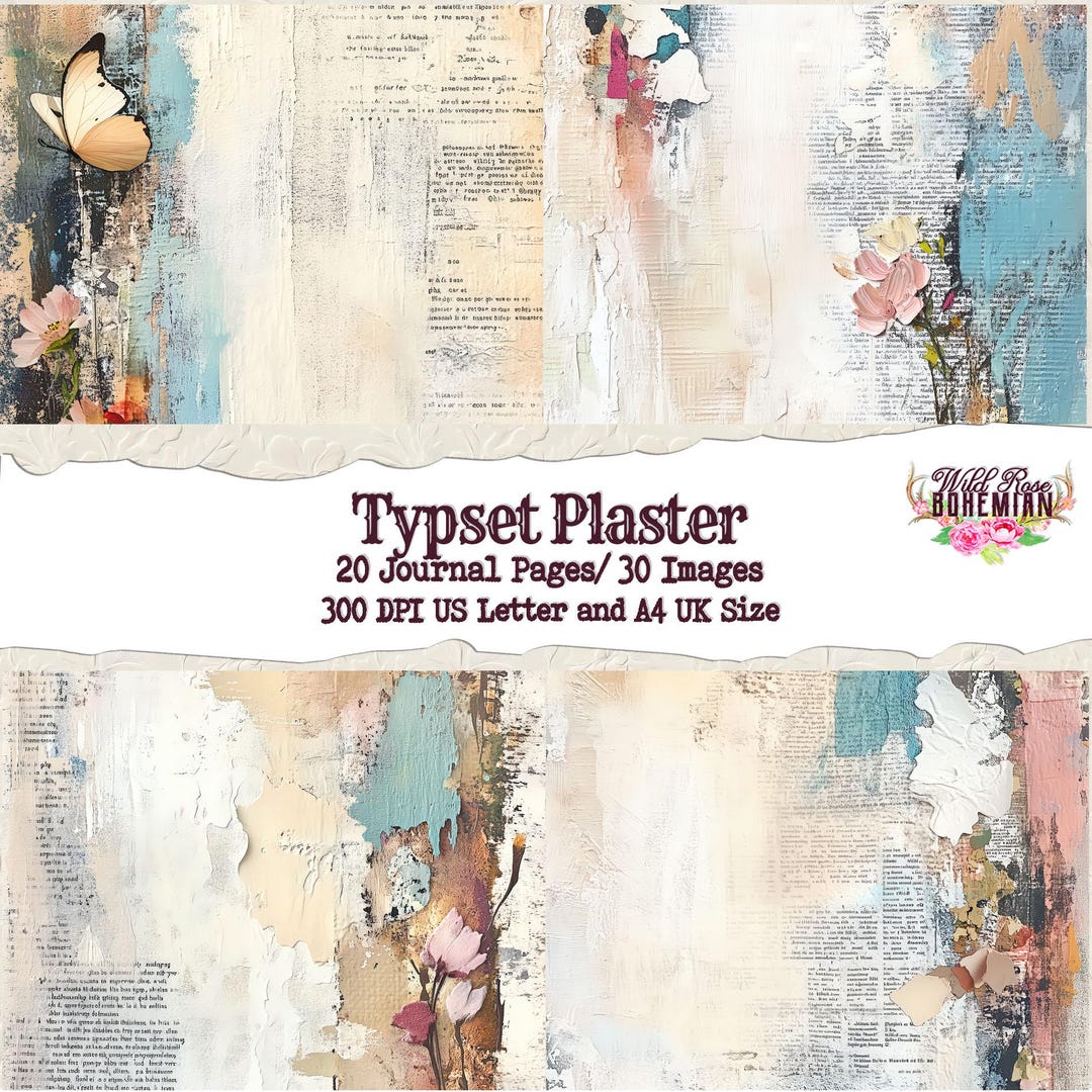 Typeset Plaster Grunge Journal Pages, Newspaper Overlay Teal Paint ...
