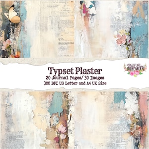 Puede incluir: Un collage digital de 20 páginas de diario y 30 imágenes con una estética vintage y desgastada. Las imágenes presentan una mezcla de texturas, colores y patrones, incluyendo elementos florales, texto y formas abstractas. El collage está diseñado para su uso en scrapbooking digital, diario y otros proyectos creativos.