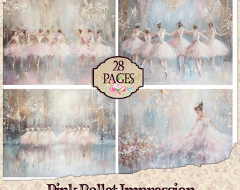 May include: A digital download of 28 pages of printable art featuring ballet dancers in pink tutus. The art is in a watercolor style and features a soft, dreamy aesthetic. The text "Pink Ballet Impression" is at the bottom of the image. The text "Included The Nutcracker Ballet Collection" is at the top of the image.