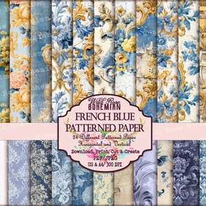 French blue Patterned Paper, Damask French Blue Digital Paper, Toile French Blue Paper, Shabby Chic Floral Blue Junk JOurnal French Damask