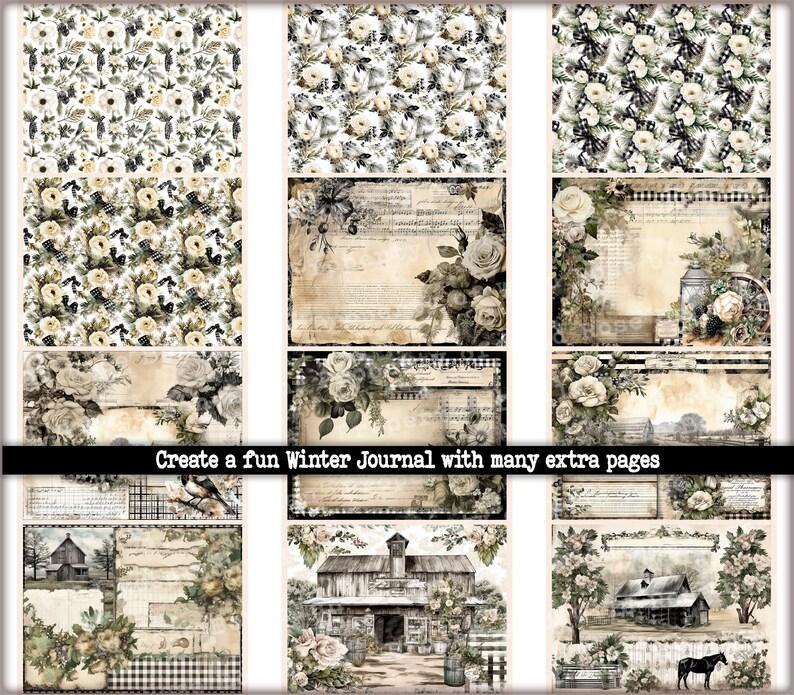 Winter Antique Farmhouse Junk Journal Printable Kit: Black Check ...
