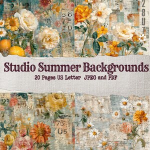 Pode incluir: Uma colagem de fundos florais com uma estética vintage. O design apresenta rosas, margaridas e outras flores em tons de amarelo, laranja e rosa, sobre um fundo de texturas de papel envelhecido. O texto diz "Studio Summer Backgrounds".