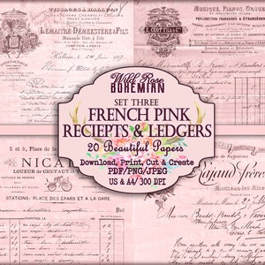 May include: A set of 20 digital papers featuring vintage French receipts and ledgers. The papers are pink and feature handwritten text in black ink. The papers are perfect for scrapbooking, card making, and other crafting projects.