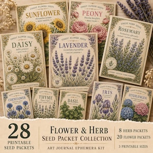 Seed Flower & Herb Packet Collection Printable, Cottagecore Junk Journal Supply Ephemera Kit, Botanical Seed Packet, Scrapbooking Ephemera